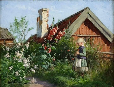 Fanny Brate -tyttö kukkivassa puutarhassa 1885