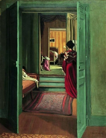 Interiør med kvinne i rødt sett bakfra 1903