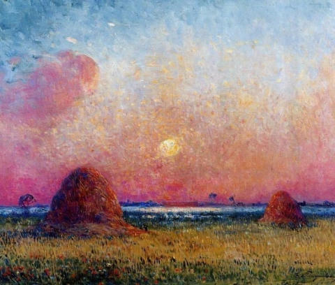 Pilha de trigo Ferdinand Puigaudeau ao pôr do sol