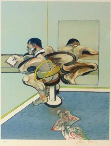 Figurskrivande reflekterat i en spegel 1977