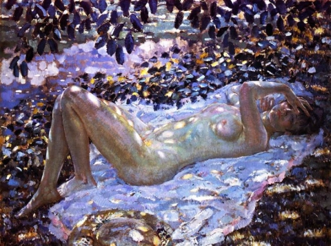 弗雷德里克·卡尔·弗里塞克 (Frederick Carl Frieseke) 斑驳阳光下的裸体 1915