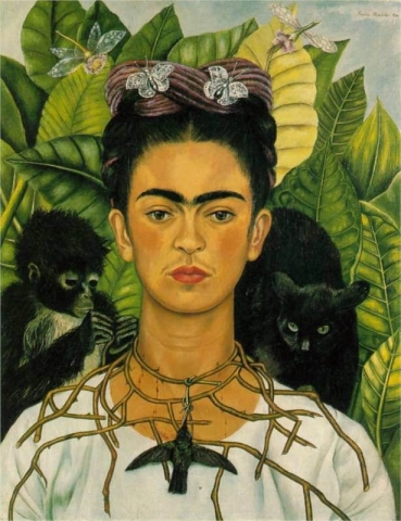 Self-portrait with a necklace of thorns and a hummingbird