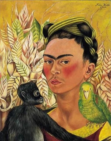 Selvportrett med en ape og en papegøye