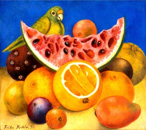 Stilleben Med Papegoja Och Frukt