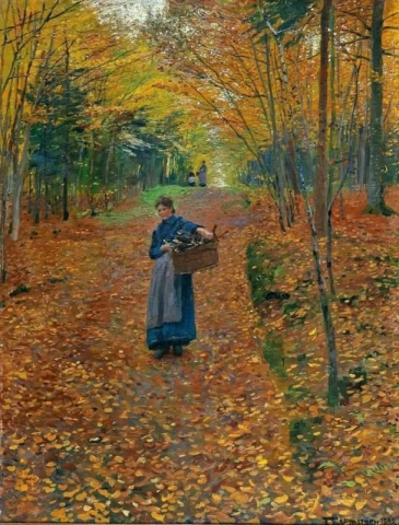 Friedrich Kallmorgen, Vrouw die hout verzamelt in een herfstbos, 1893