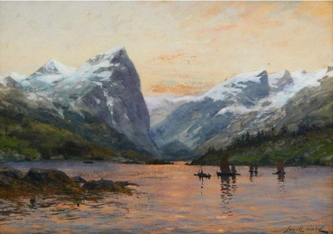 Frithjof Smith-hald Paesaggio con montagne e barche