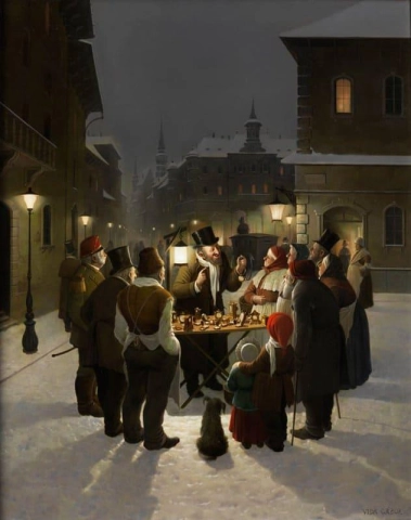 El vendedor de objetos de valor en una calle invernal.