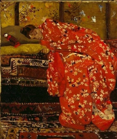 George Breitner, flicka i en röd kimono, 1895-1896