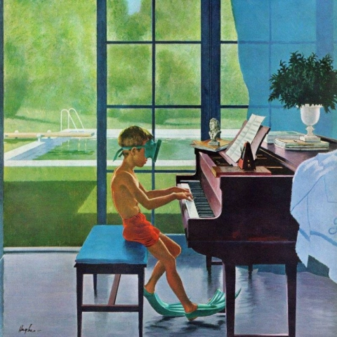 Джордж Хьюз, практика игры на фортепиано у бассейна, 1960 год.