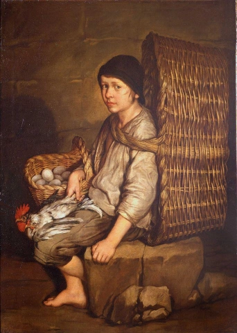 Giacomo Ceruti - Pitocchetto ærend gutt sitter med en kurv på ryggen egg og fjærkre
