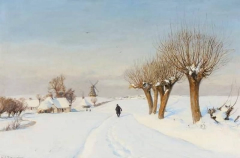 Hans Andersen Brendekilde, uma paisagem coberta de neve com um homem caminhando ao longo de uma estrada secundária