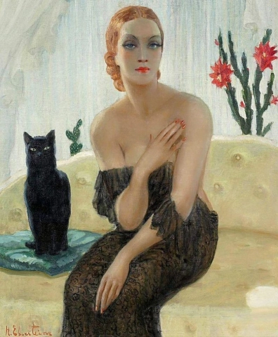 Harry Eberstein Muotokuva tyylikkäästä naisesta mustalla kissalla.