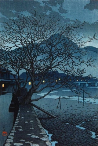 Hasui Kawase-avond in Beppu in het koude seizoen - 1929