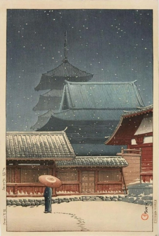 Hasui Kawase Tennojin temppeli Osakassa. 1927