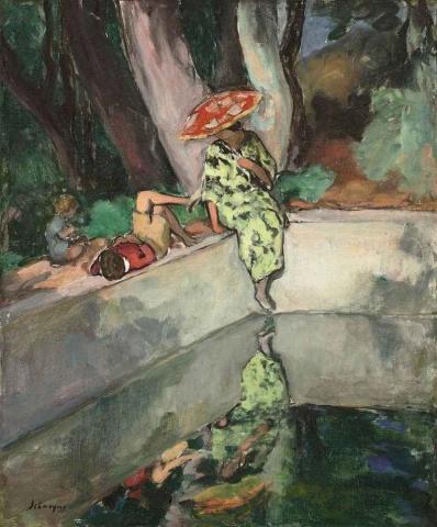 Le Pradet Mujer y niños al borde de un estanque 1923