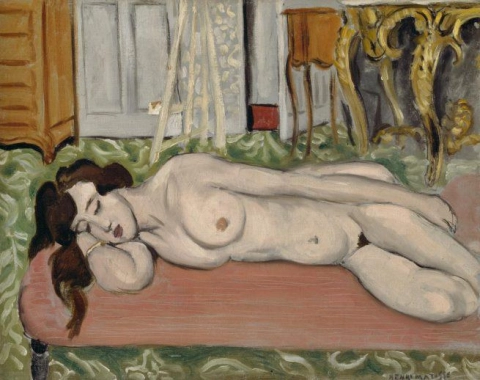 ピンクのソファに横たわる裸体 - 1919年