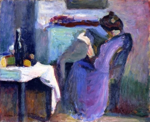 紫のドレスを着た女性を読む 1898