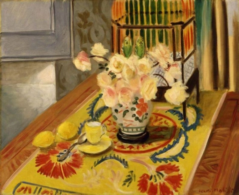 Yellow Roses With Cage Of Parakeets 1924