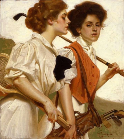 Gibson Girls With Golf Clubs And Tennis Racquet Ca. 1920