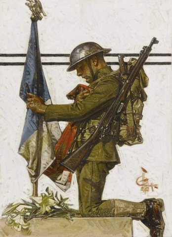 Sotilas polvistumassa Ranskan muistomerkillä 1918