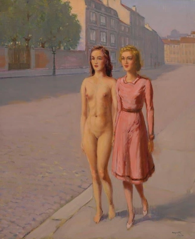 Senza titolo Due ragazze che camminano lungo una strada 1954