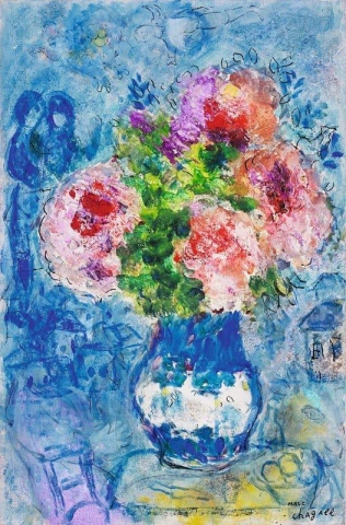 Rosa Blumenstrauß auf blauem Hintergrund 1956-70