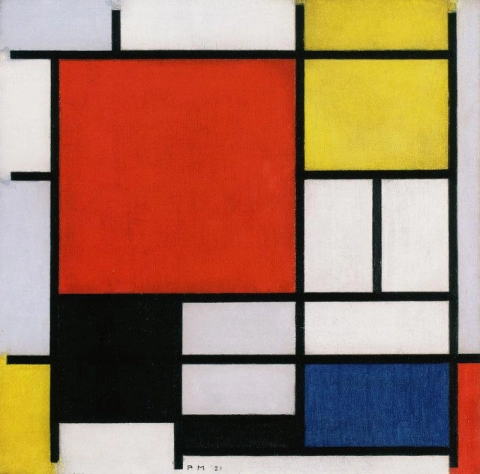 Composición con campo grande, azul, rojo, negro, amarillo y gris.
