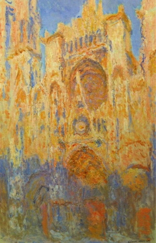 Rouenin katedraalin julkisivu auringonlaskun aikaan