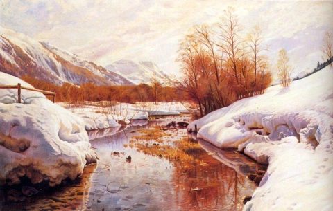Un torrente de montaña en un paisaje invernal