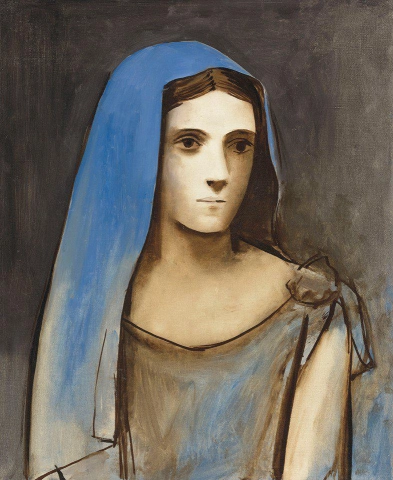 Naisen rintakuva sinisellä hunnulla 1924