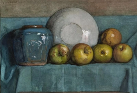 Apples, ginger pot and plate on a ledge, 1901