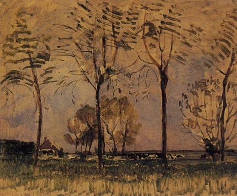 Bauernhof mit vier hohen Bäumen im Vordergrund, um 1907