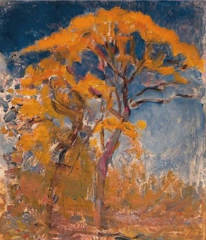 青い空を背景にオレンジ色の葉を持つ 2 本の木、1908 年