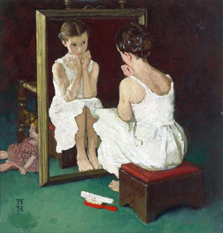 Fargestudie for jente ved speil 1954