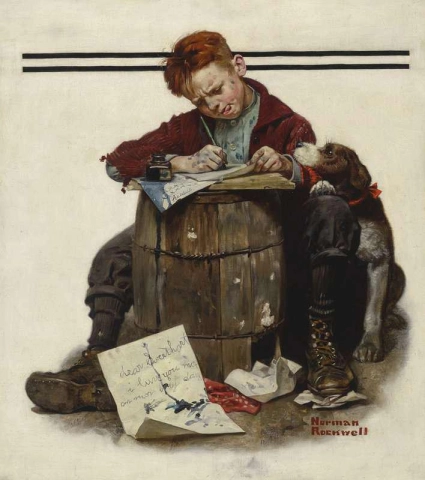 Pikkupoika kirjoittaa kirjettä 1920