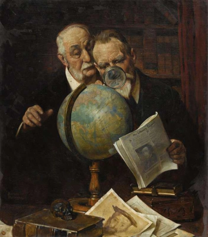 Dos hombres consultando el mundo
