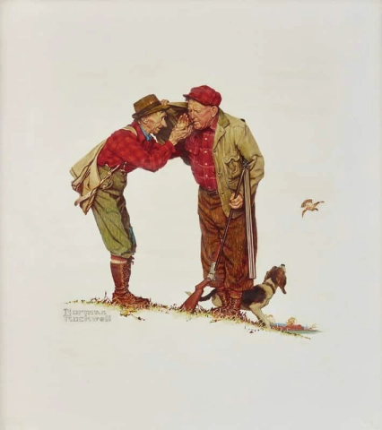Kaksi vanhaa miestä ja koira. Metsästys 1950