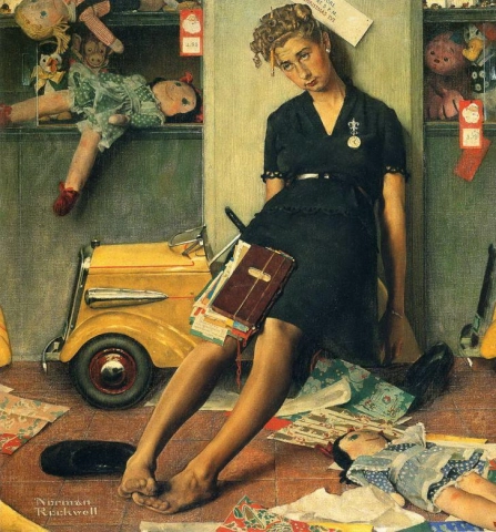 Väsynyt myyntityttö jouluaattona 1947