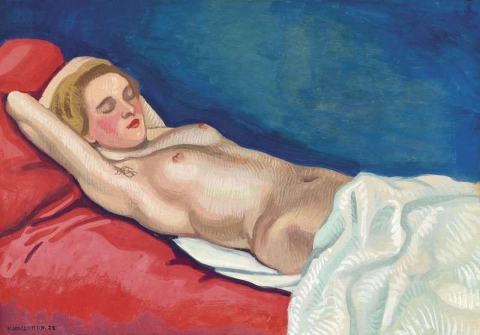 Naken kvinne liggende på en rød sofa 1923