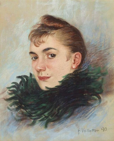 Fantasyhuvudkvinna med boa 1890