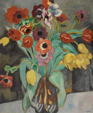 Anemonen und Tulpen in einer blauen Vase, ca. 1912