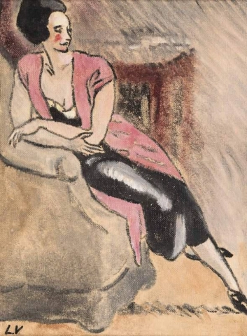 امرأة جالسة ترتدي سترة وردية، حوالي عام 1930