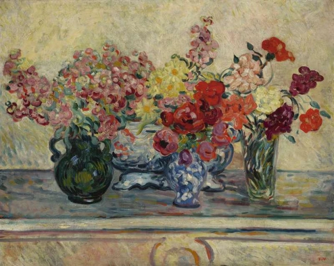De drie vazen met bloemen en de bloemenplanter, ca. 1899-1903