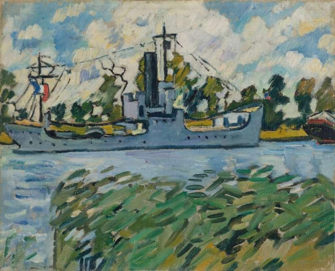 Kriegsschiff auf dem Kanal von L'Orne nach Ouistreham, ca. 1935