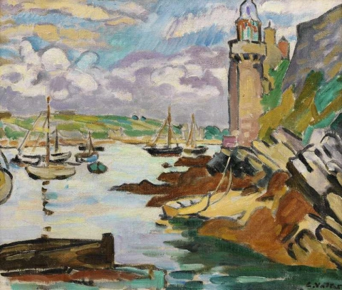 Маяк на побережье, укрепленная башня Бретань, около 1924 года.
