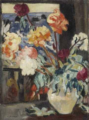Vase mit Pfingstrosen vor einem Fenster, ca. 1916