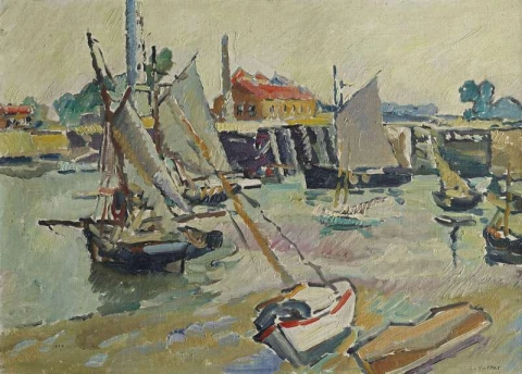 Segelbåtar vid hamnen vid tidvattnet Basse Ouistreham ca 1927