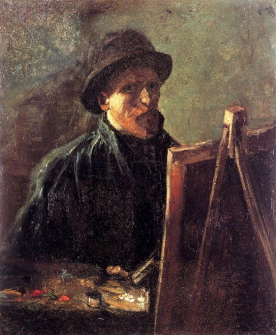 Zelfportret met zwarte vilten hoed op schildersezel