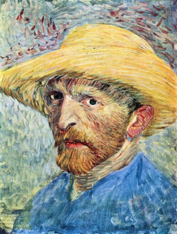 麦わら帽子と青いシャツの自画像