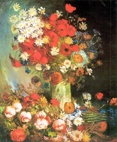 Vase med franske kornblomster, valmuer, peoner og krysantemum